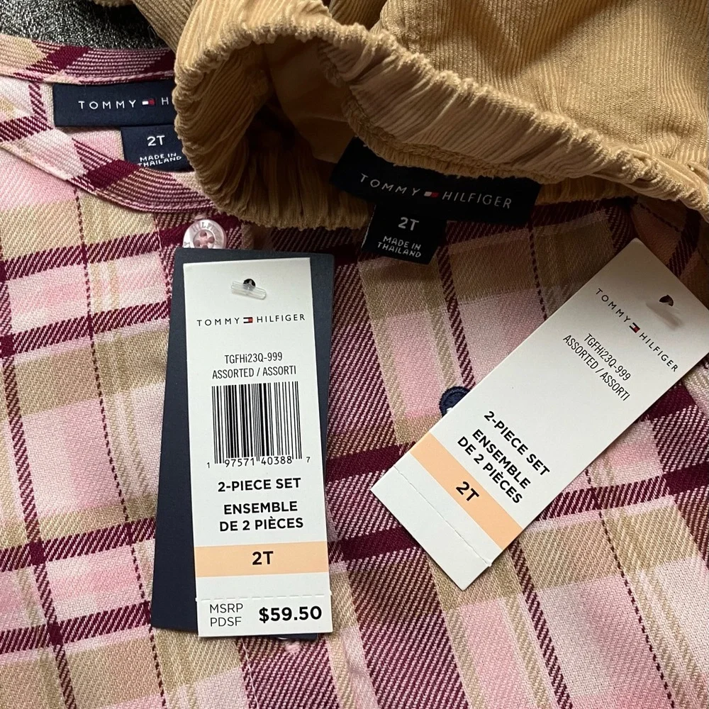 NWT Tommy Hilfiger Girls 2 Piece Set Pink Plaid Top Corduroy Khaki Pants 2T